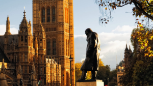Winston Churchill statue in parliament square and London's Big Ben